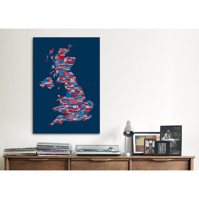 Carte de Grande-Bretagne par Michael Tompsett, impression sur toile en bleu, H 60 po x l 40po x P 1,5 po, Pas de tapis