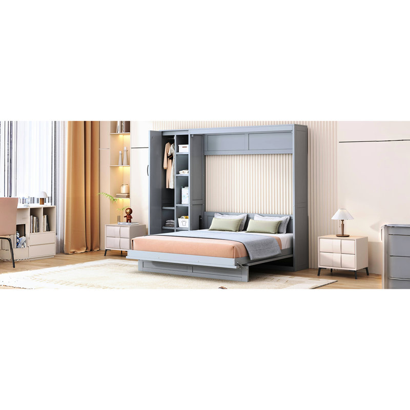 Grand lit gris avec tablettes haute performance et garde-robe fonctionnelle et innovante, Grand lit, Gris