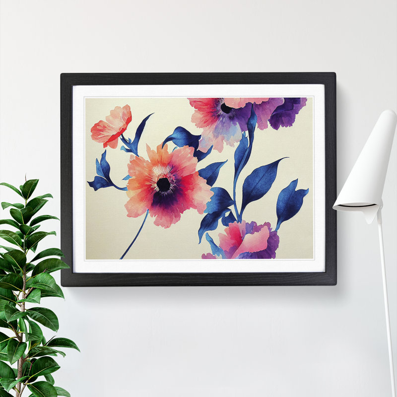 XH1022-7130X Precious Watercolour Flowers - Single Picture Frame Print, Black, 46cm H x 64cm W