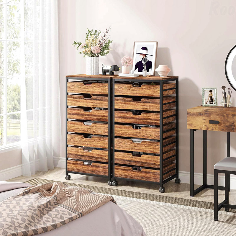 Commode à 7 tiroirs avec rangement à roulettes brun rustique et armoire de rangement avec cadre en métal