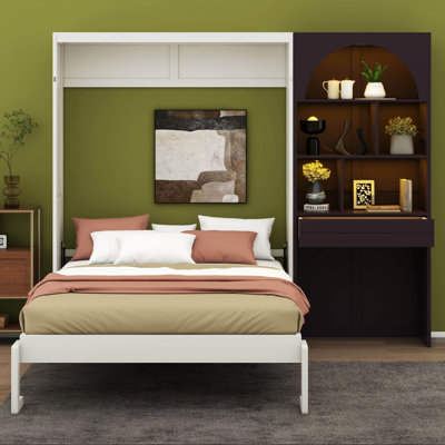 Lit escamotable avec armoire arquée, DEL intégrée, tiroir, cadre de lit mural pliable, plusieurs compartiments de présentation ouverts
