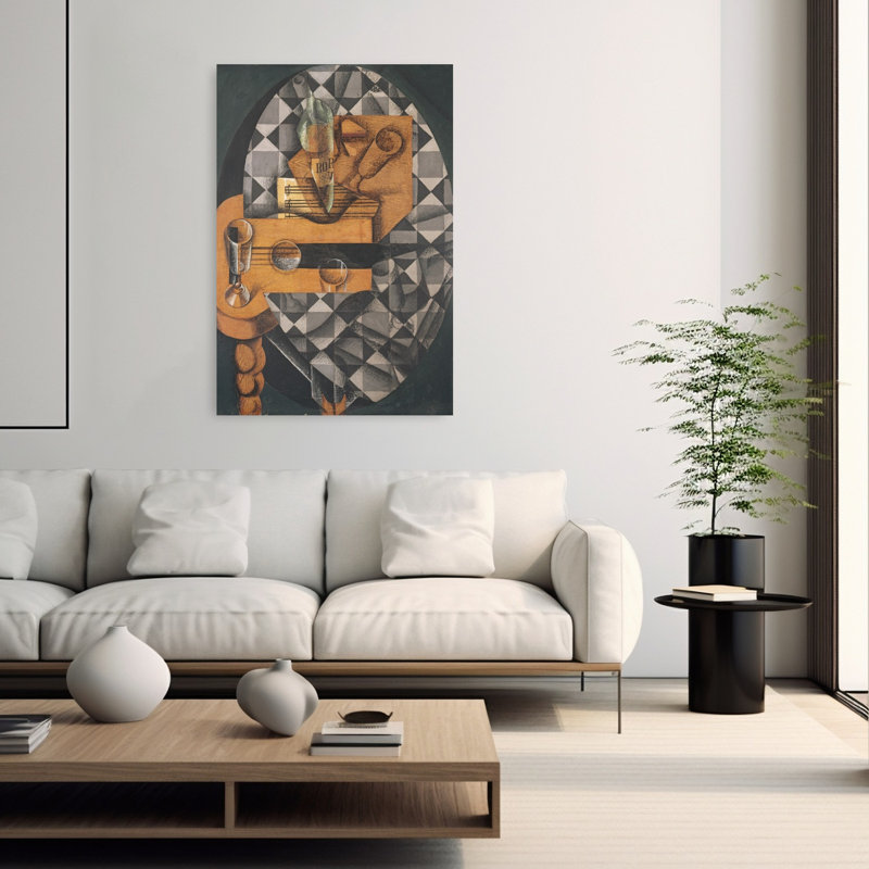 Guitare, bouteille et estampe d'art mural contemporain abstrait de 1914, H 60 po x l 40 po
