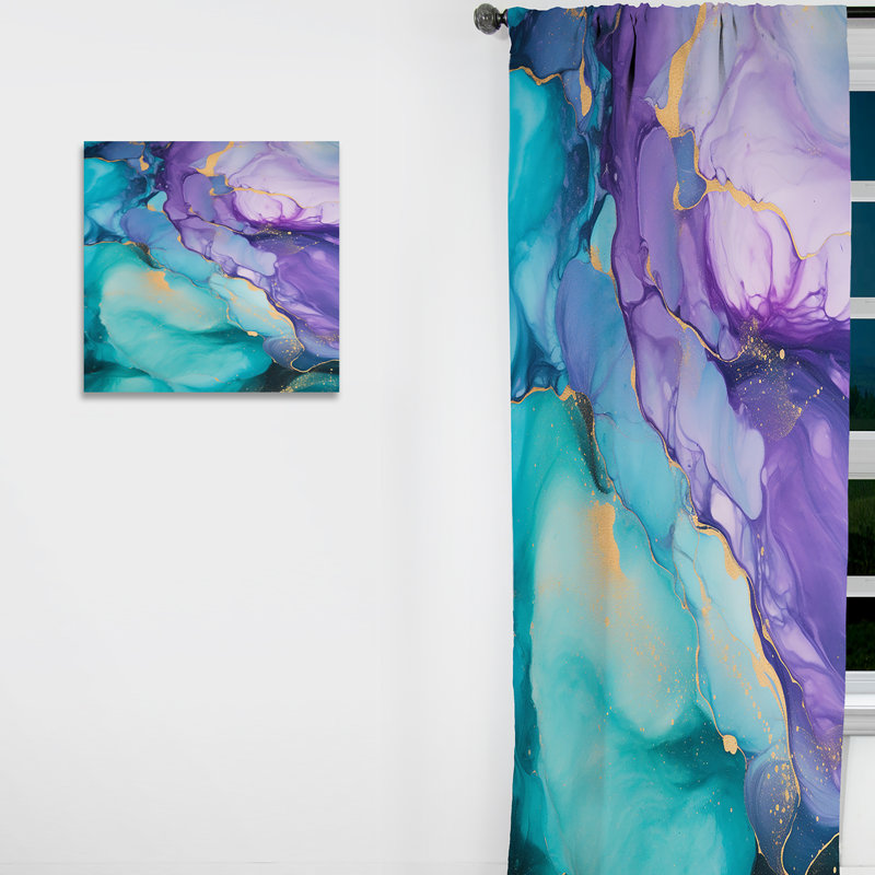 Turquoise And Purple Liquid Art III - Fractals Velvet Blackout Abstract Curtain - 1 Panel, 52" W x 84" L