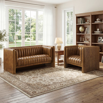 Broderic 2-Piece Retro Modern Full Grain Leather Tufted Sofa Chair Living Room Set