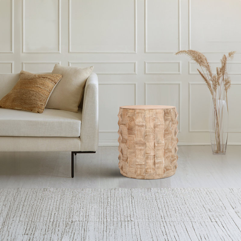 Dedera 20 inch Round Drum Shape Solid Wood End Table