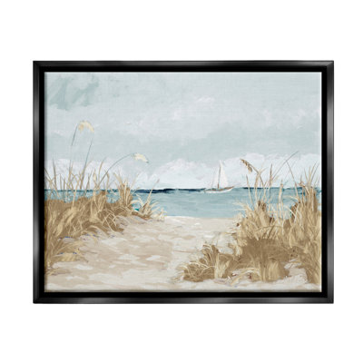 «Sandy Beach Walkway Distant Sail Sailers Floating Sea» par Julie Derice - peinture sur toile à cadre flottant
