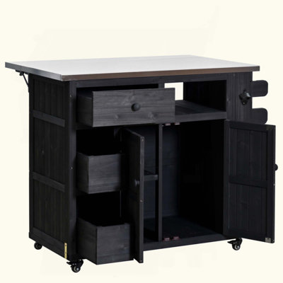 Outdoor Solid Wood Extendable  Kitchen Island, Stainless Steel Top Grill Table With Side Spice Rack, Kitchen Cart With Drawers, Storage Cabinet For Backyard, BBQ,Party
