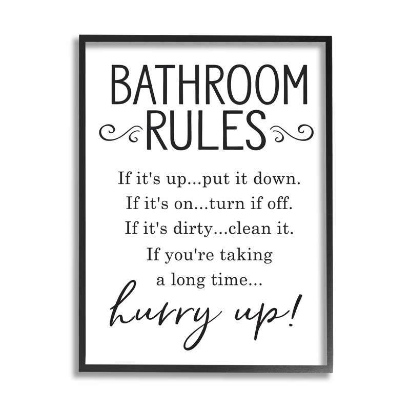 «Minimal Bathroom Rules Sign Hurry up Humor», art textuel, Giclée encadrée noir minuit, H 30 po x l 24 po x P 1,5 po