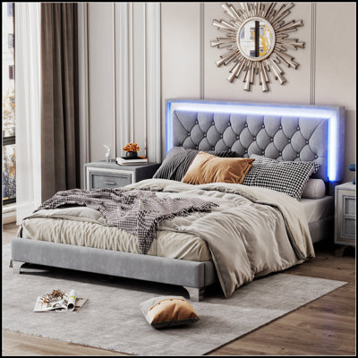 Modern Velvet Upholstered Bed Frame with LED Lights and Crystal Tufted Headboard for Elegant Bedroom Decor