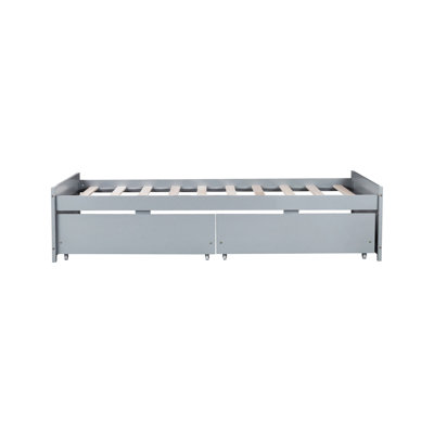 Twin Size Bed with 2 Drawers, Solid Rubber Wood Bed,Grey