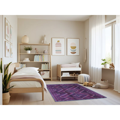 Tapis géométrique en laine / polyester tissé à la machine bleu foncé / mauve