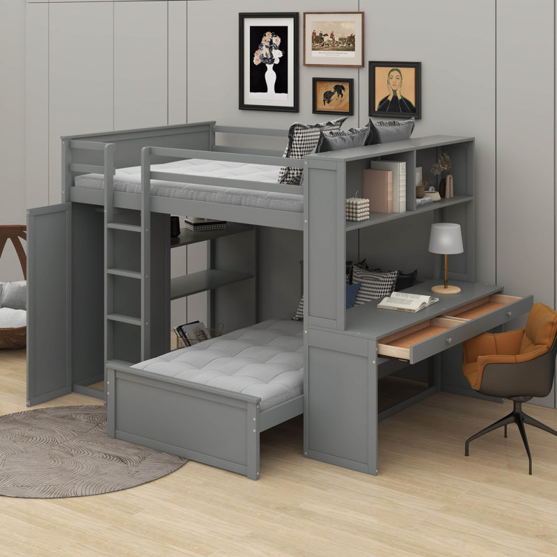 Lit mezzanine double avec lit autonome, tablettes, bureau et garde-robe, Gris