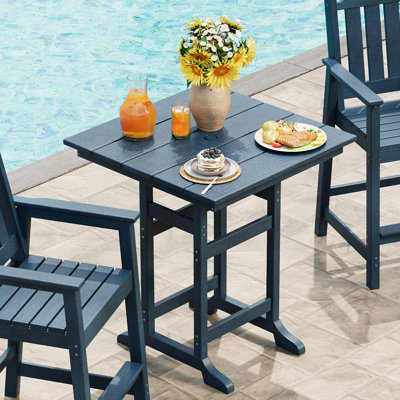 Square Outdoor Bar Table, Modern HDPE Pub Table with Wood Grain Finish, Umbrella Hole & 300 Lb Weight Capacity for Patio, Poolside & Backyard, Navy Blue