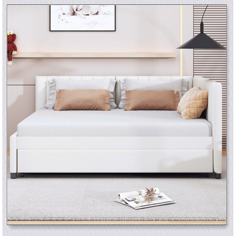 Full Upholstered Daybed With Trundle Sofa Bed Frame, Beige