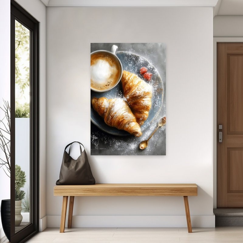 Morning Croissants And Coffee, art mural rustique contemporain, H 60 po x l 40 po