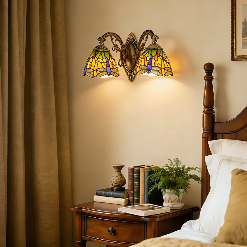 2- Head Tiffany Wall Sconces,Stained Glass Baroque Style Dragonfly  Wall Lamp(2-Light)