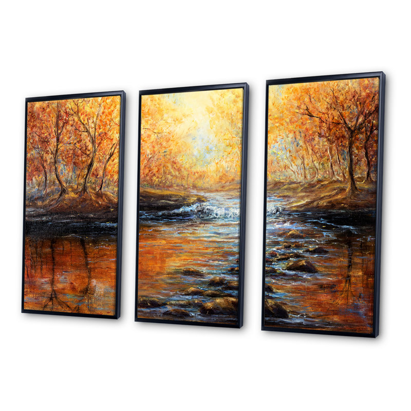 «Morning Light In The Autumn Forest», peinture sur toile 3 pièces, Noir, noir, noir, noir, H 28 po x l 36 po