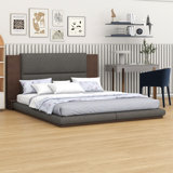 Floor Upholstered Platform Bed With Extended Wood Headboard & Bedside Shelf