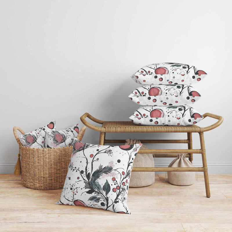 Oreiller en faux suède Spots Garden, Blanc / Rose / Gris, Carré 20 po
