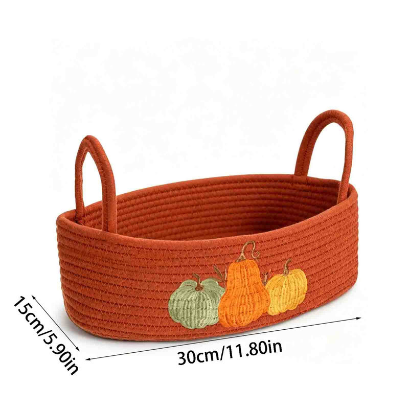 Panier de rangement brodé en corde de coton avec motif citrouille, fermeture de sac à main, boîte de rangement avec anse, panier-cadeau