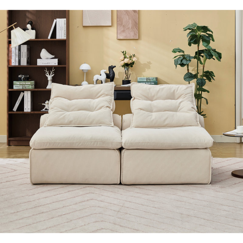 Accoudoir - Modulaire 2, beige, revêtement en velours côtelé, options d'assemblage, avec coussin lombaire et cou pour plus de confort, 2 sièges, velours côtelé doux,