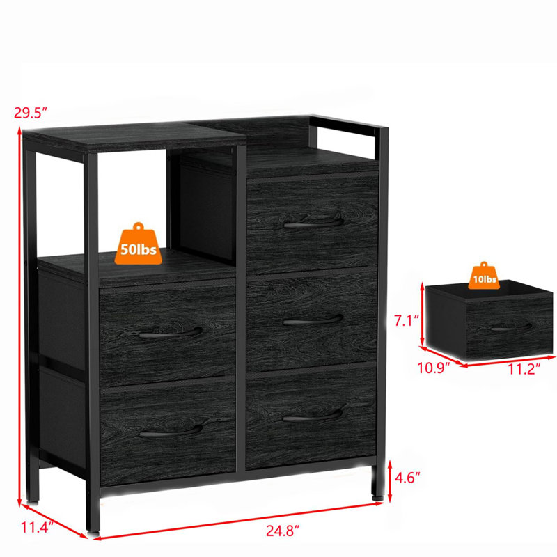 Small Nightstand with 2-Tier Open Shelf and 5 Fabric Drawers, Black