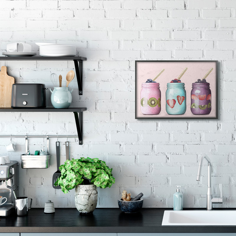 «Fruit Smoothie Jars Food Pink», impression, H 16 po x l 20 po, Giclée encadrée noir minuit