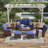 All-Weather Synthetic Rattan Outdoor Sectional Sofa Set with 3-Seat Couch, 2 Single Chairs and 2 Ottomans for Patio Garden Backyard Balcony, Gray and Navy, Set of 5