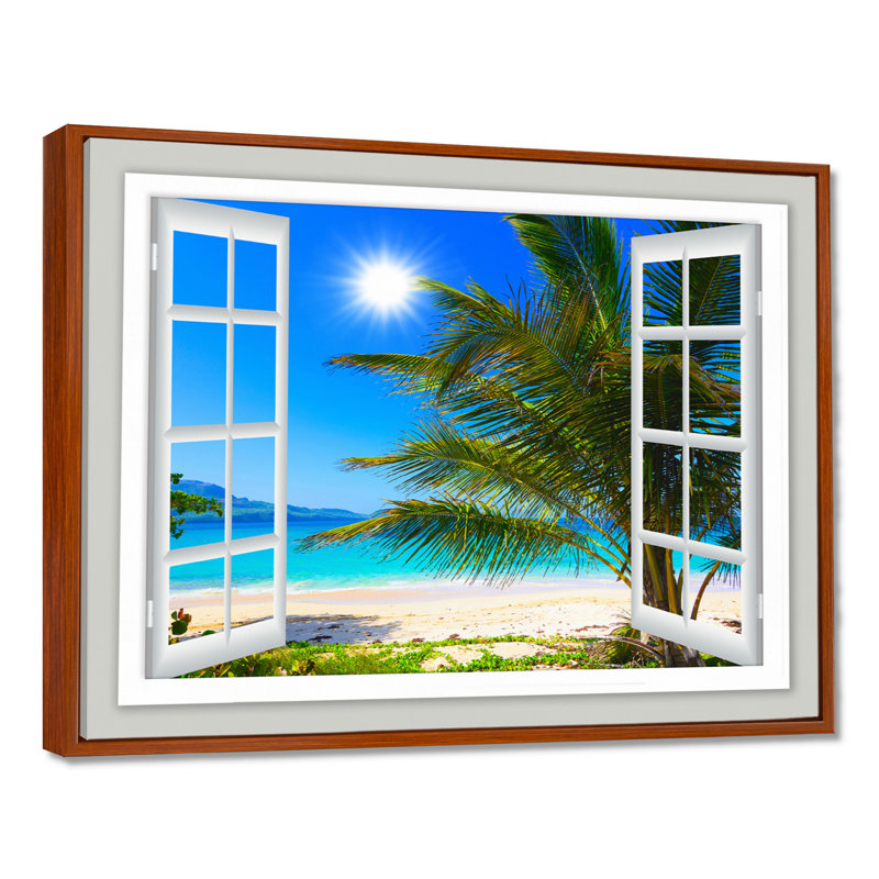 Window Open to Beach with Palm - Print, 34" H x 44" W, Floater Framed, Brown