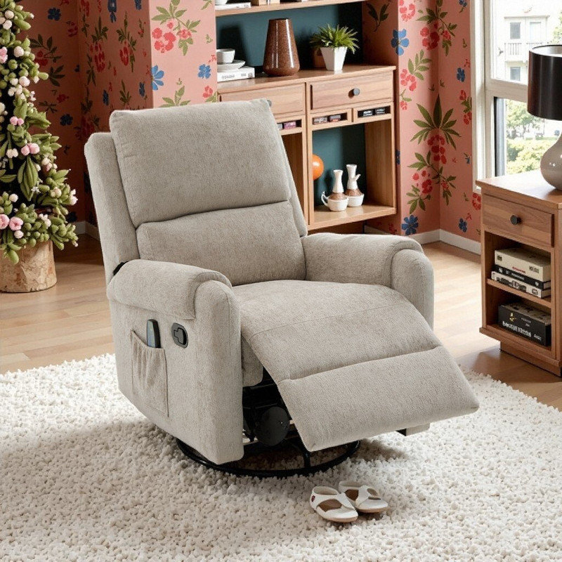 Chenille Upholstery Manual Massage Recliner Chair With Swivel Rocker Adjustable Positions Side Pocket, Oatmeal