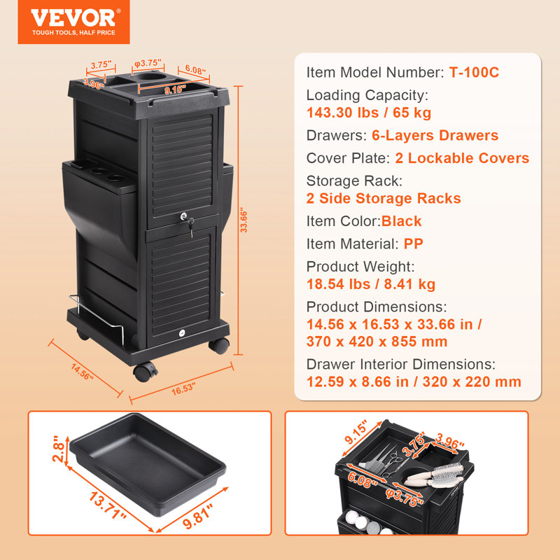 Black High-Quality Plastic Salon Utility Cart with Drawers
