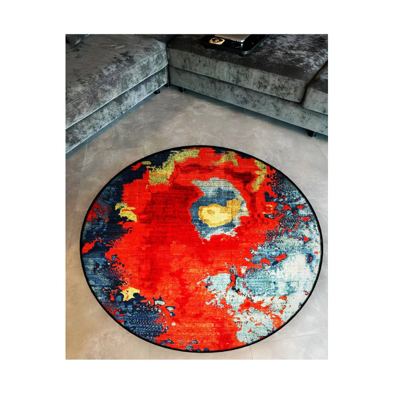 Red Themed Abstract Patterned Round Woven Base Modern Decorative Carpet, Round 3'4"