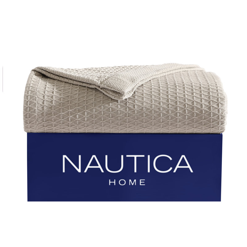 Beige Full Cotton Knitted Reversible Blanket with Textured Accent