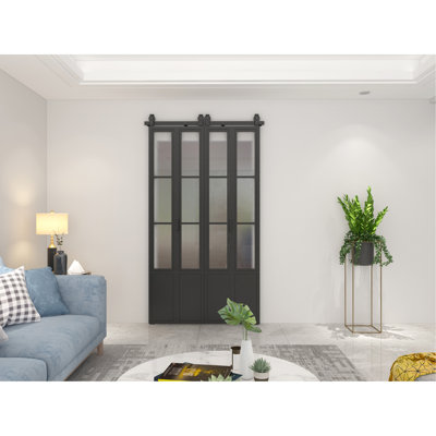 48 in. x 84 in. 3/4 Lites Frosted Glass Black Steel Frame Double Bi-Fold Barn Doors with Hardware Kit and Door Handle