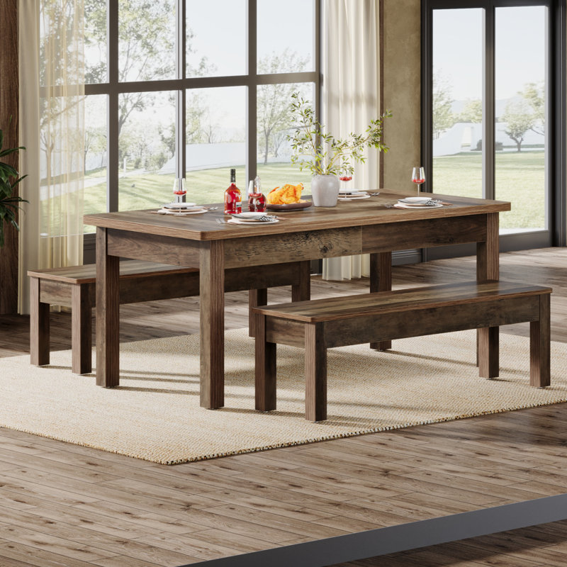 3 Piece Dining Table Set With 2 Benchs, Farmhouse Wood Kitchen Table With 2 Benches, Wood Hemp