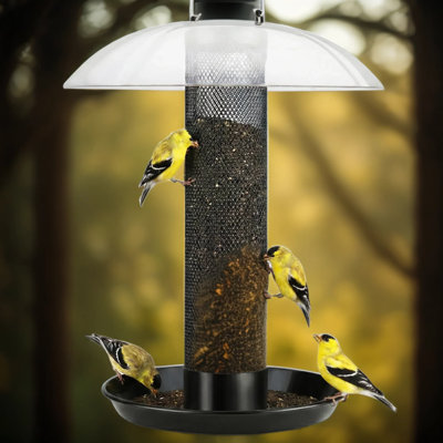 Finch Bird Feeder For Outdoors Hanging, Metal Mesh Tube Bird Feeder For Thistle And Nyjer Seed, Large Removable Tray And Rainproof Dome, 2.5 Lbs Seed