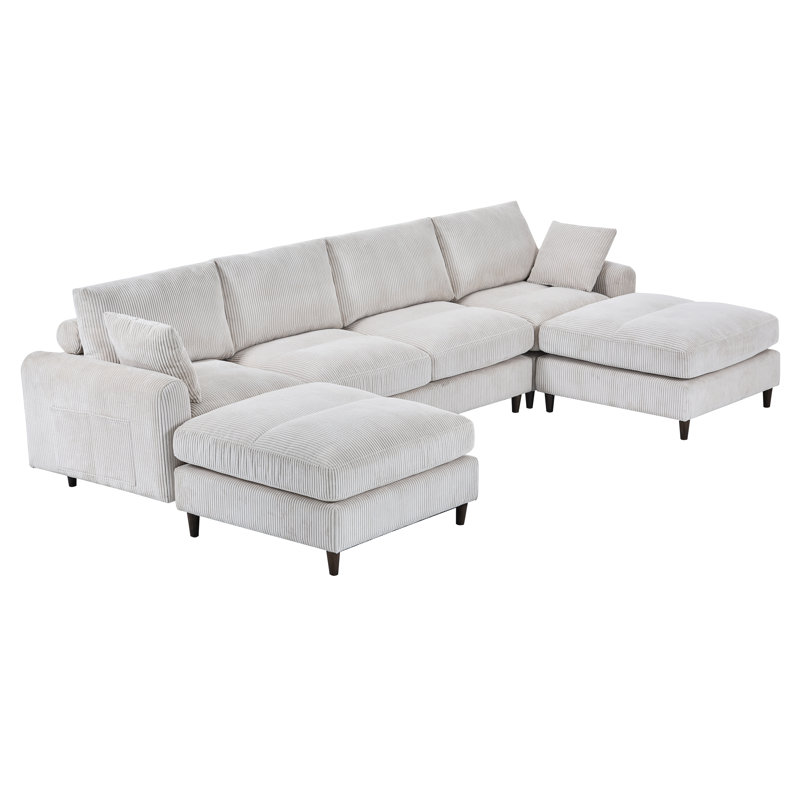 121" Modern Corduroy Modular Sectional Sofa, U-Shape & L-Shape Convertible 6-Seater with Adjustable Headrests and Storage, Memory Foam