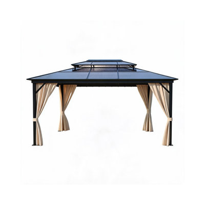 Pavillon de jardin 12 pi x 16 pi avec toit en polycarbonate double toutes saisons, structure en aluminium, rideaux d'intimité et moustiquaire