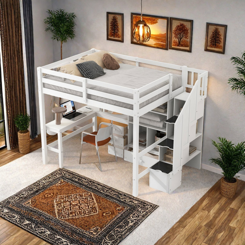 Lit mezzanine avec bureau en L, tiroirs de rangement et armoire, fabrication en bois de pin et en bois aggloméré, aucun sommier requis - Taille double