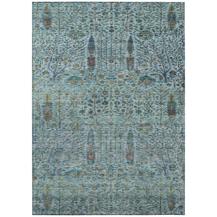 Machine Washable Indoor/Outdoor Xhevrie Teal Rug