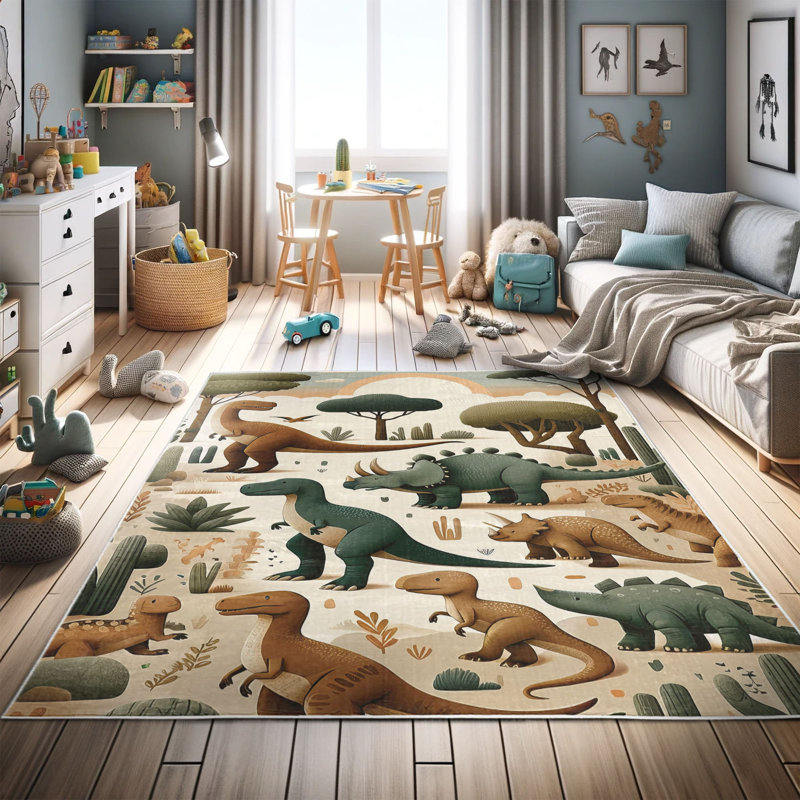 Ambesonne Dinosaur High Density Long Fiber Poly Threads Decorative Area Rug Carpet, Rectangle 4' x 5'7"