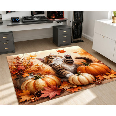 Tapis d'intérieur lavable à la machine, motif chaton et citrouilles d'automne, avec envers antidérapant. Beau tapis de sol avec motif de citrouilles et de feuilles, idéal pour le salon, la chambre à coucher, la cuisine ou l'entrée.