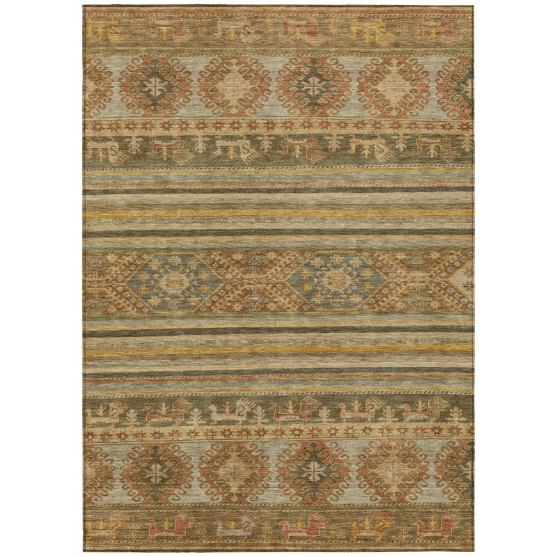 Tapis d'intérieur tribal lavable taupe et doré 3 pi x 5 pi beige