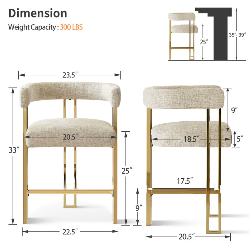 25" Upholstered Gold Chenille Counter Stool (Set of 4), Oatmeal
