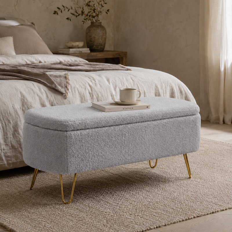 Toleen Storage Ottoman Bench for End of Bed Gold Legs, Modern Faux Fur Entryway Bench Upholstered Padded with Storage for Living Room Bedroom 