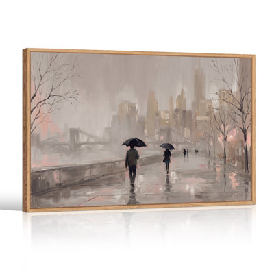 Urban Walkers Under Black Umbrellas in Foggy City Canvas Wall Art