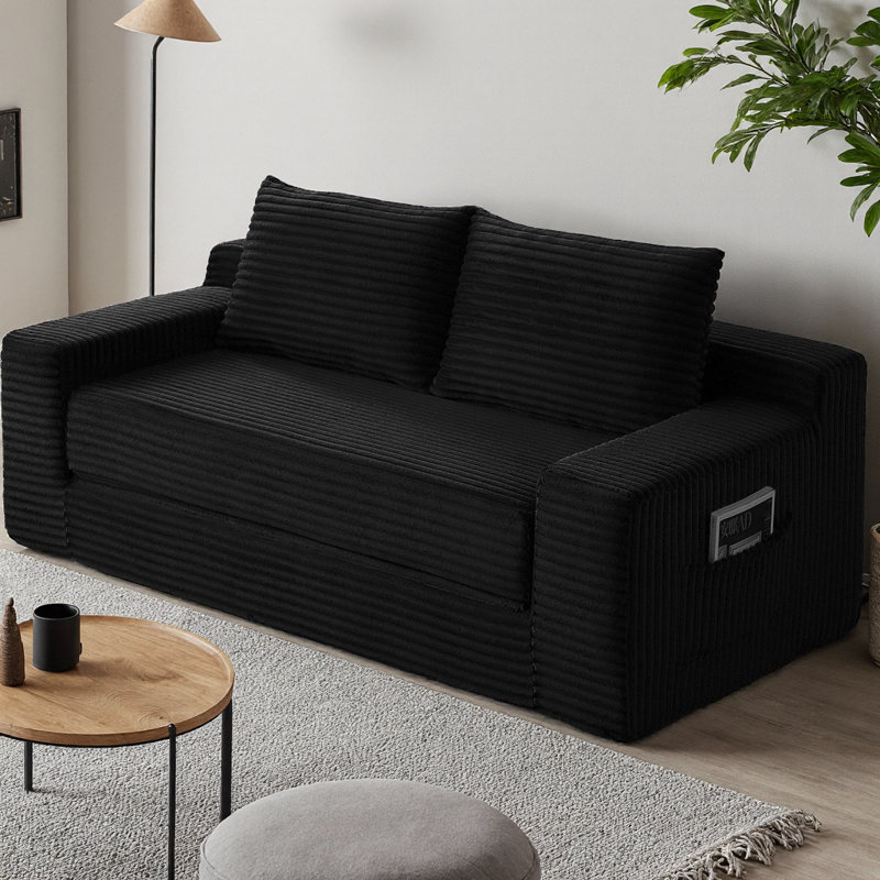 Canapé-lit convertible 2 places avec pochette de rangement, canapé-lit pliant 3D, Noir, 32.53" H x 73.02" W x 35.12" D