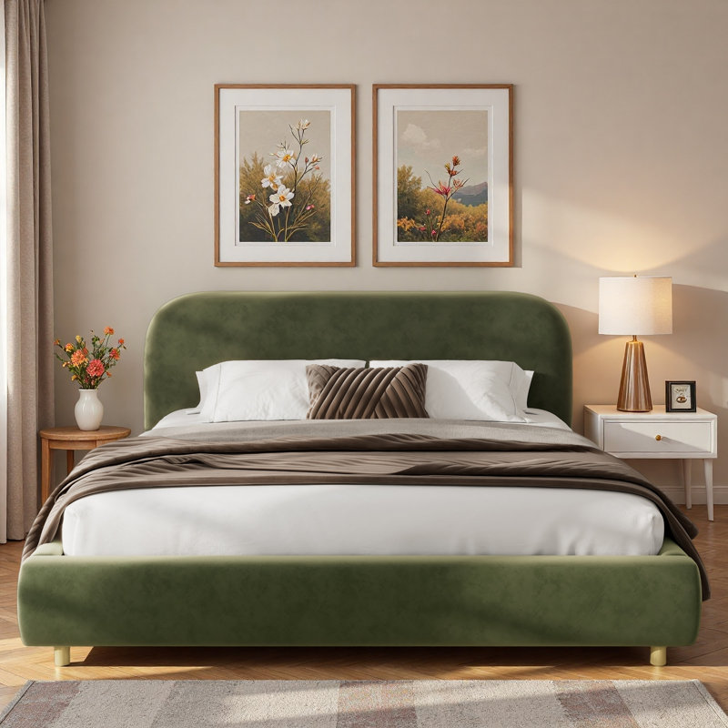 Lit plateforme en velours avec tête de lit courbée et pieds en bois, Roi