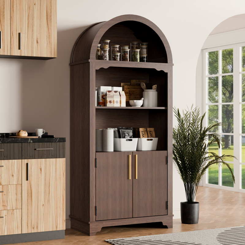 Arched Display Cabinet With Decorative Striped Doors, Modern Accent Storage Cabinet, Walnut