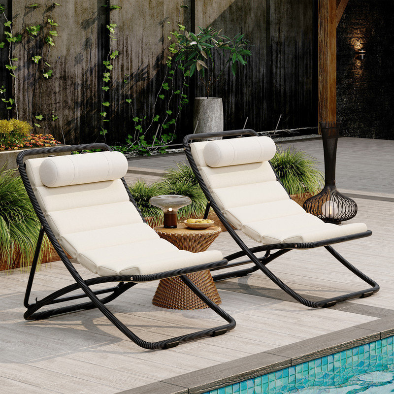 2-Piece Set Outdoor Folding Patio Chair, Rattan-Wrapped Chair with Adjustable Backrest, Thick Padded Cushion, Detachable Headrest, Suitable for Poolside, Beach, Backyard, Deck, Camping (Black)